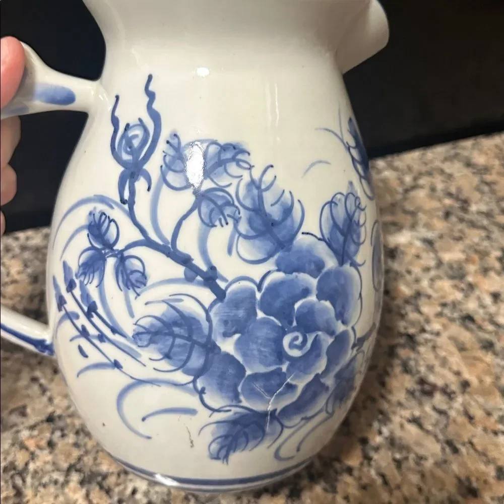 Vintage Blue and white Floral Ceramic Pitcher / Vase